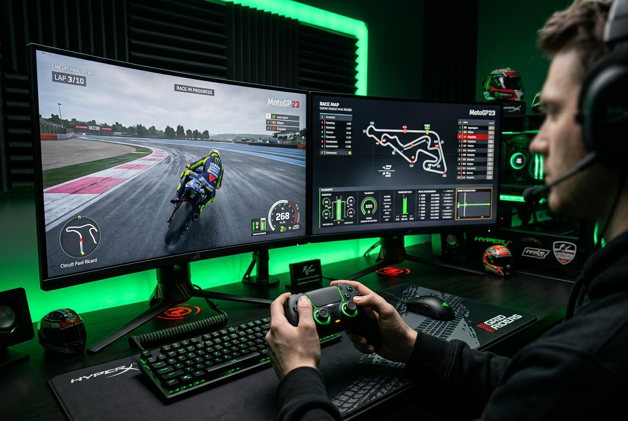 Setup gaming premium dengan monitor dan kontroler untuk simulasi motor