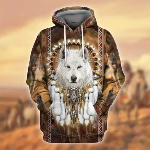 White Wolf Native American Dream Catcher 3D Hoodie All Over Printed