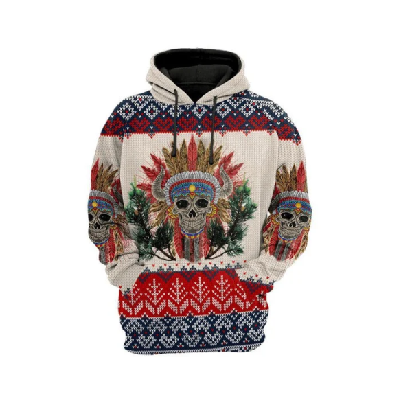 Skull Native American Christmas Parttern 3D Hoodie All Over Printed