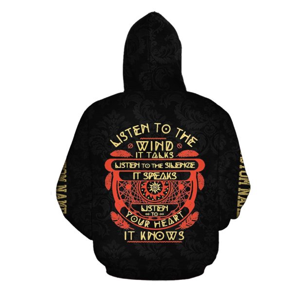 Personalized Name Native American Indian Art Wolf Listen To The Wind 3D Hoodie All Over Printed