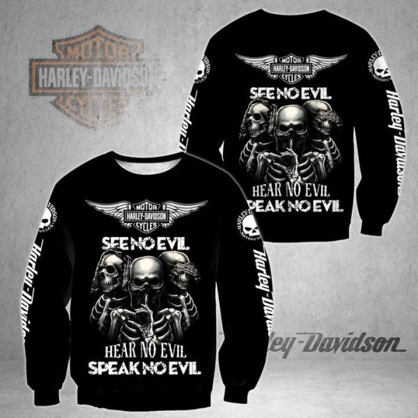Harley Davidson Skull See No Evil Hear No Evil 3D Hoodie All Over Printed