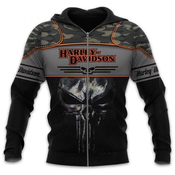 The Punisher Skull Harley Davidson Motorcycle  Army Green Camouflage 3D Hoodie All Over Printed