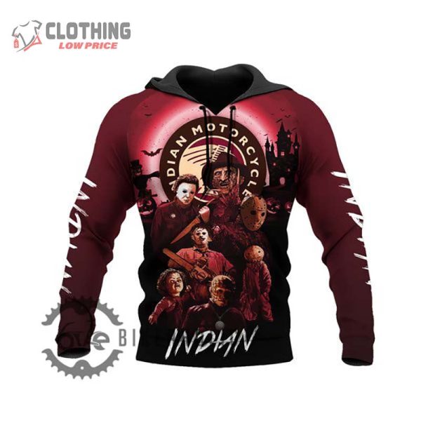 Halloween Indian Motorcycle Michael Myers Freddy Jason Leatherface Chucky Ghostface Retro 3D Hoodie All Over Printed