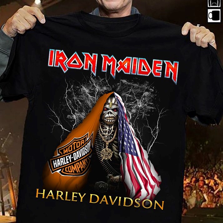Iron Maiden Harley Davidson Skull Weapon American Flag T-Shirt