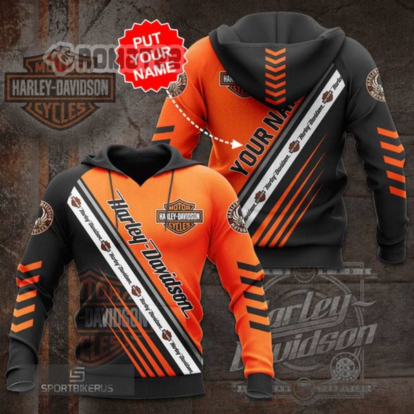 Personalized Name Harley-Davidson Logos 3D Hoodie, Orange Black Harley-Davidson Eagle Logos 3D Hoodie