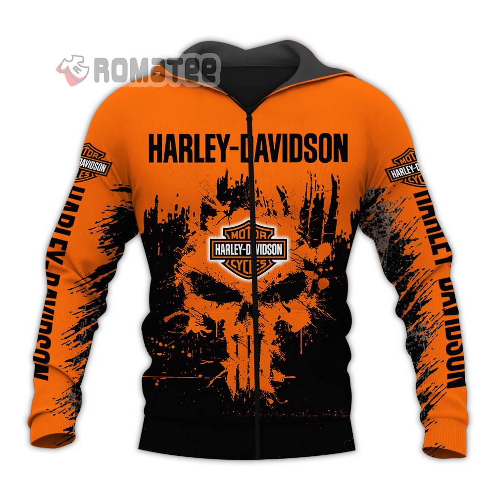 The Punisher Skull Harley Davidson Logos Orange Black 3D Hoodie All Over Printed Clothes