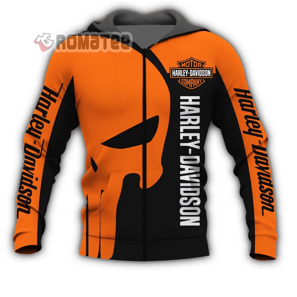 The Punisher Skull Harley Davidson Motorcycles 3D Hoodie All Over Printed Orange Black