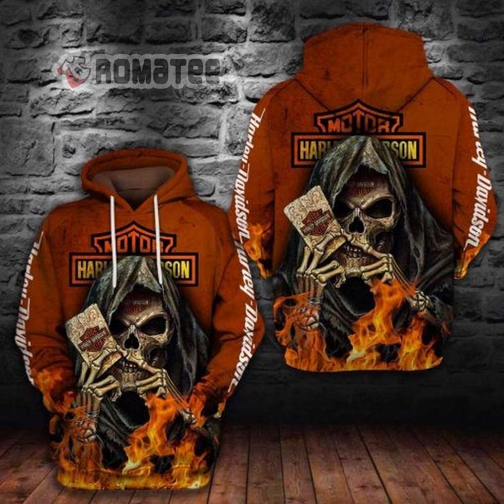 Flaming Grim Reaper Holding Card Harley Davidson Motocycle 3D Hoodie All Over Print