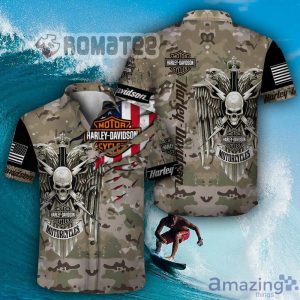 Harley Davidson Eagle Skull Army Camouflage Scratch American Flag 3D Hawaiian Shirt All Over Print