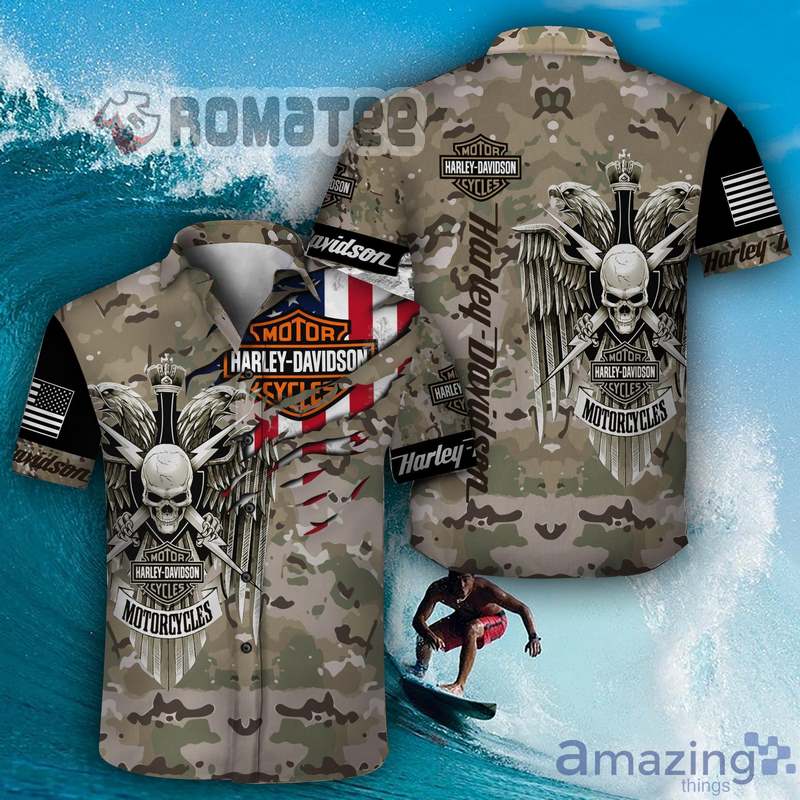 Harley-Davidson Eagle Skull Army Camouflage Scratch American Flag 3D Hawaiian Shirt All Over Print