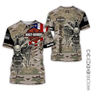 Harley Davidson Eagle Skull Army Camouflage Scratch American Flag 3D T Shirt