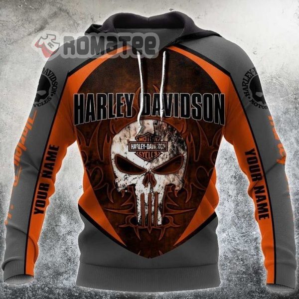 Harley-Davidson Punisher Skull Flame Grey Orange Custom Name 3D Hoodie All Over Printed