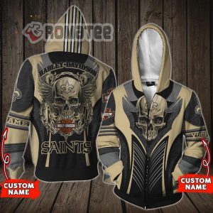 NFL New Orleans Saints Harley Davidson Eagle Skull Custom Name 3D Zip Hoodie All Over Printed