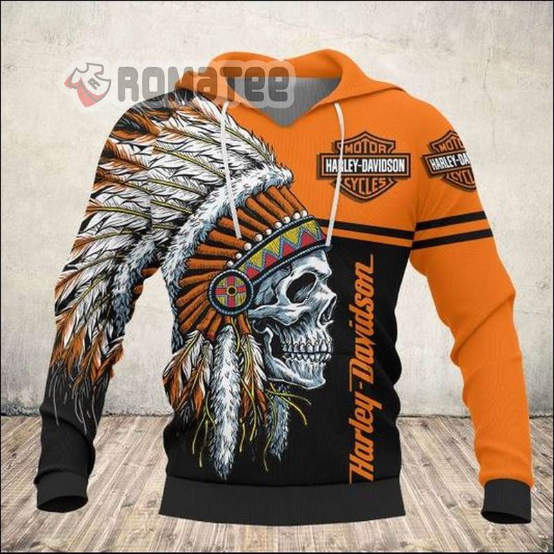 Native American Skull Harley Davidson Black Orange 3D Hoodie All Over Printed