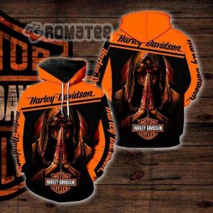 Harley Davidson Motorcycles Praying Skull Rosary Black Orange 3D Hoodie All Over Print