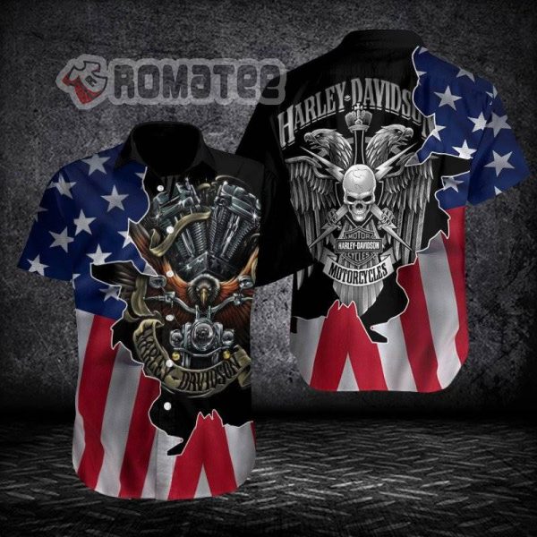 Cracked Thunder Skull With Eagle Harley Davidson Motorcycles Engine American Flag 3D All Over Print Hawaiian Shirt