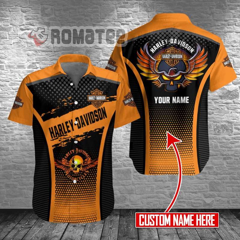 Eagle Skull Wings Gold Harley Davidson Motorcycles 3D All Over Print Custom Name Hawaiian Shirt