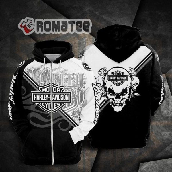 Harley Davidson Angry Triple Skull Flower Wille G Skull Non-Color 3D All Over Print Zip Hoodie