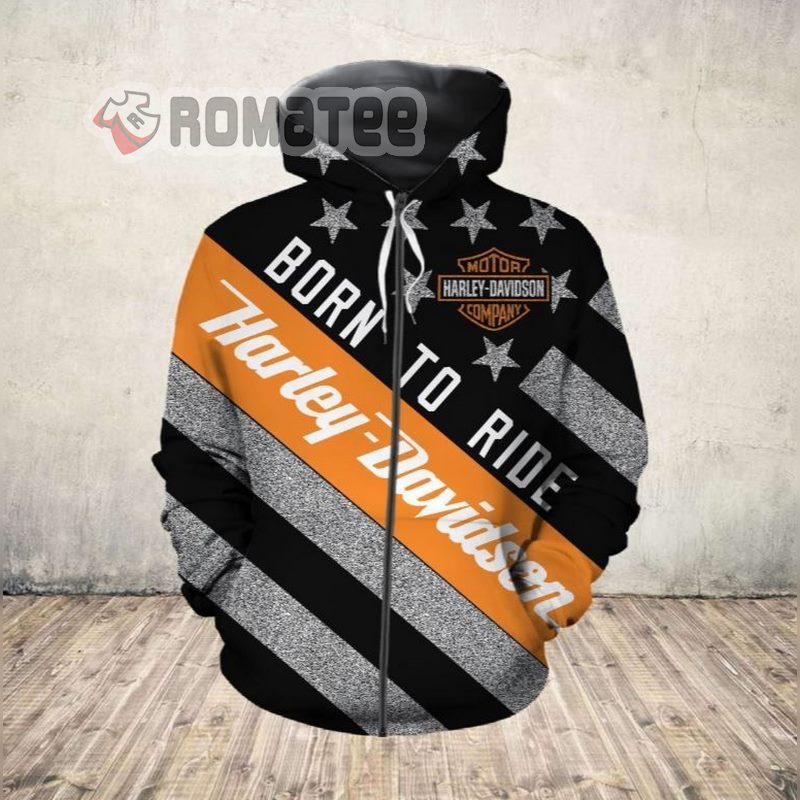 Harley-Davidson Born To Ride Black And White American Flag 3D All Over Print Zip Hoodie