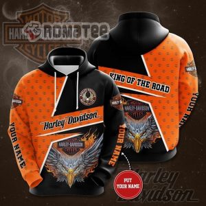 Harley Davidson King Of The Road Skull Eagle Wings Head Flaming Harley Davidson Custom Name 3D All Over Print Hoodie