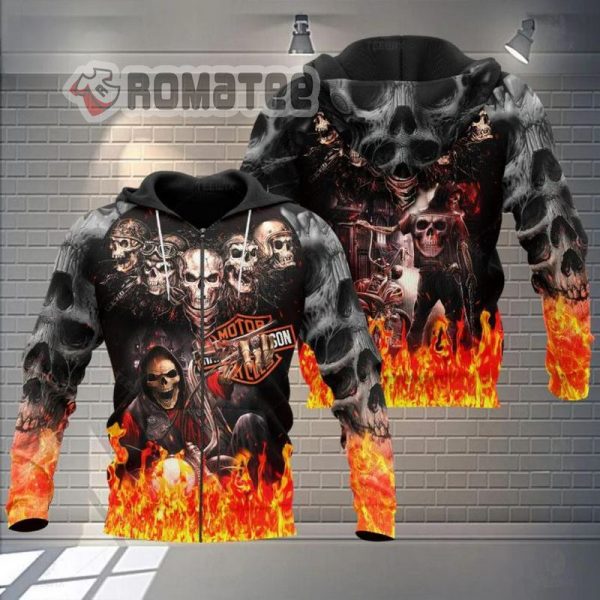 Harley Davidson Motorcycles Skull Flaming Death Skull Team 3D All Over Print Zip Hoodie