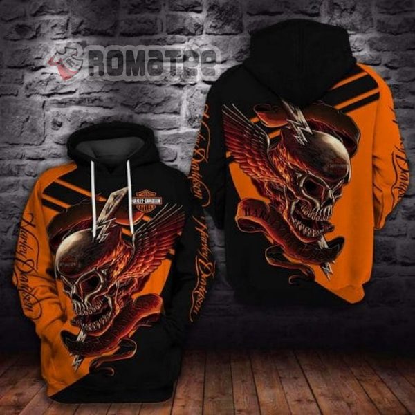 Harley Davidson Skull Wings Angry Silk Ribbon Harley Davidson 3D All Over Print Hoodie