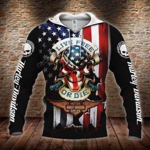 Live Free Or Die American Flag Skull Motorcycles Harley Davidson Eagle Willie G Logo 3D All Over Print Hoodie