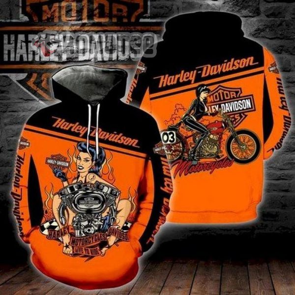 Motorcycles Girl Live To Ride Ride To Live Harley Davidson Motorcycles Diagonal Line Divide Black Orange 3D All Over Print Hoodie