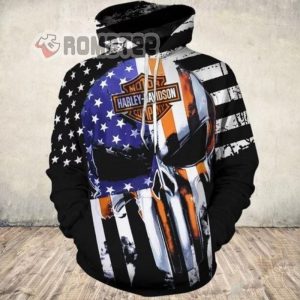Punisher American Flag Skull Harley Davidson Motorcycles 3D All Over Print Hoodie