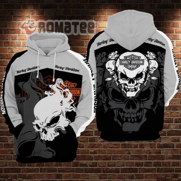 Triple Fang Skull Flower Smoke Skull Harley Davidson 3D All Over Print Non-Color Hoodie