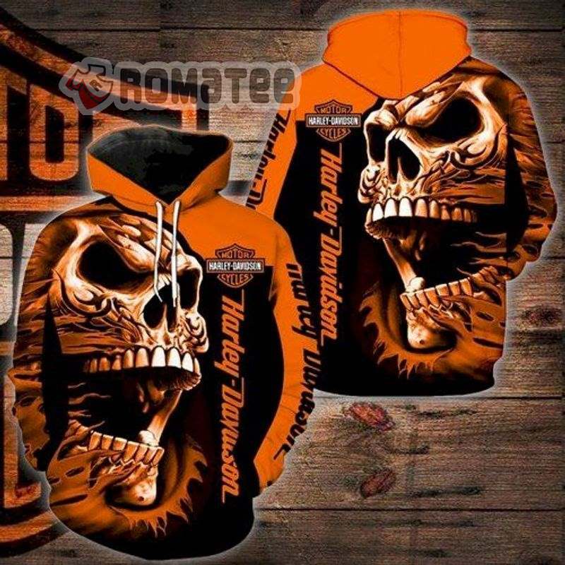 Angry Cracked Pattern Skull Harley Davidson 3D All Over Print Hoodie