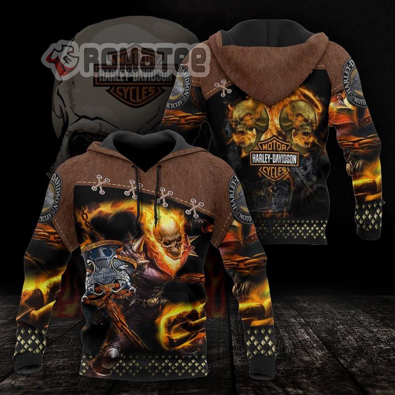 Angry Flaming Skull Harley Davidson Chain Flame 3D All Over Print Hoodie