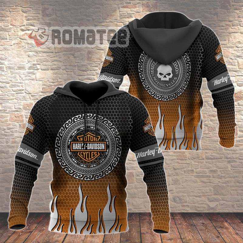 Circle Pattern Willie G Skull Harley Davidson Flaming 3D All Over Print Hoodie