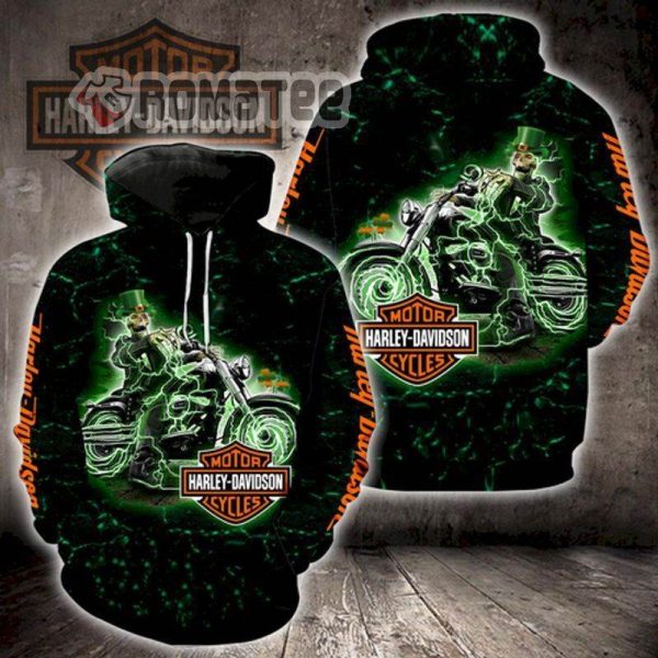 Crazy Skeleton Driving Harley Davidson Motorcycles Electric Neon Green 3D All Over Print Hoodie