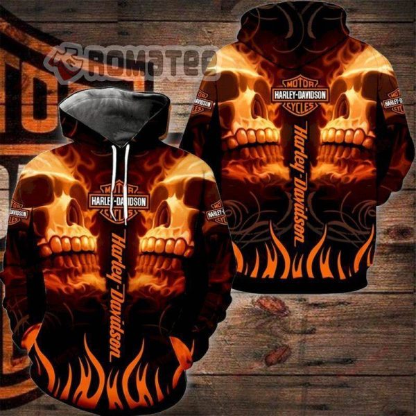Death Flaming Double Skull Harley Davidson Hoodie 3D All Over Print
