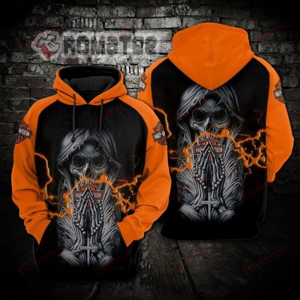 Death Praying Harley Davidson Black Orange Hoodie 3D All Over Print