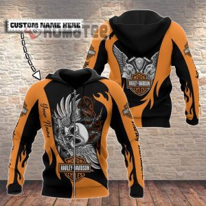 Flaming Harley Davidson Double Skull Eagle Motorcycles Head 3D All Over Print Custom Name Zip Hoodie