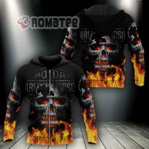 Harley Davidson Cracked Skull Flaming Skull Burning 3D All Over Print Hoodie Zip