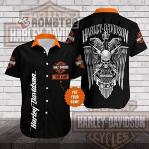 Harley Davidson Doube Eagle Head Skull Thunder 3D Custom Name Hawaiian Shirt All Over Print
