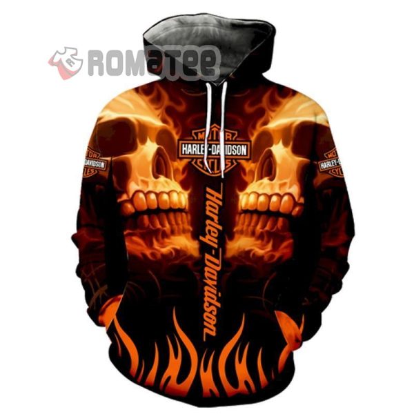 Harley Davidson Double Skull Burning Print Hoodie 3D All Over Print