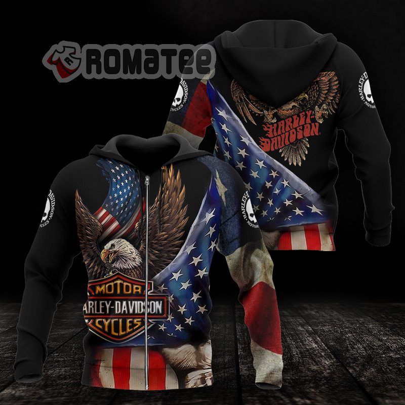 Harley Davidson Eagle American Flag Willie G Skull 3D Vintage All Over Print Hoodie Zip