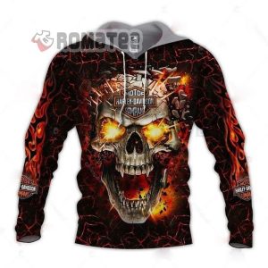 Harley Davidson Hoodie Cracked Fang Skull In Magma Flame 3D All Over Print Hoodie