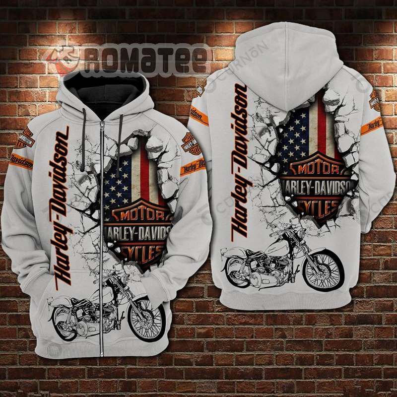 Harley Davidson Vintage Hoodie - American Flag In Cracked Hole 3D All Over Print Hoodie Zip