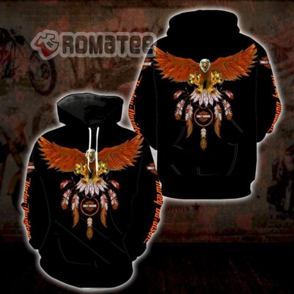 Harley Davidson Orange Eagle Native Indian Head Dress 3D All Over Print Hoodie