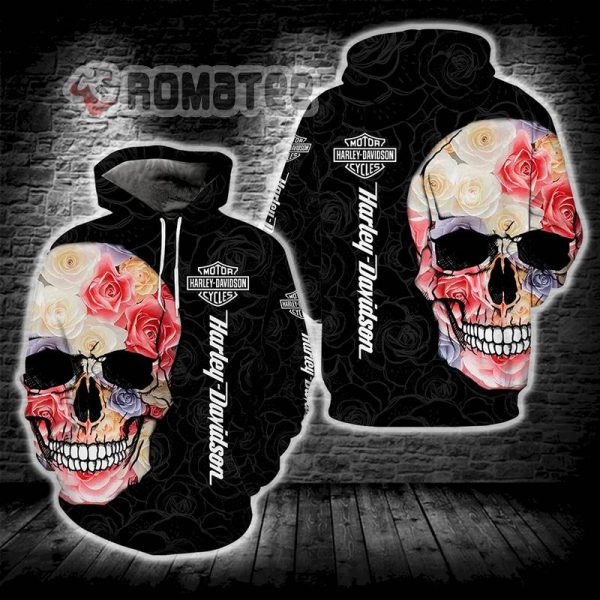 Harley Davidson Skull Rose Full Color Rose Pattern 3D All Over Print Hoodie