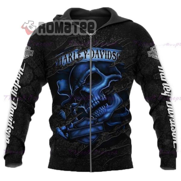 Harley Davidson Skull Smoke 3D All Over Print Hoodie Navy Skull Hoodie