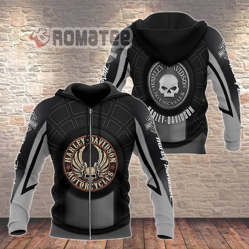 Harley Davidson Skull Wings Logo Circle Willie Skull Logo 3D All Over Print Non-color Zip Hoodie