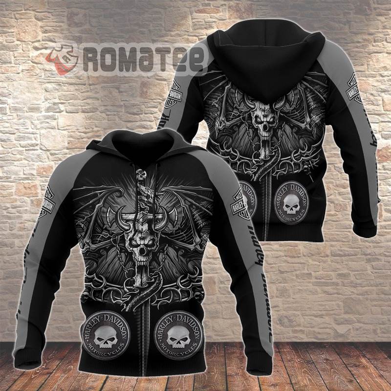 Harley Davidson Willie G Devil Bats Skull Wings 3D Grey All Over Print Zip Hoodie