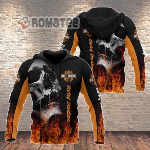 Melting Cracked Skull Flaming Harley Davidson Skull 3D All Over Print Hoodie