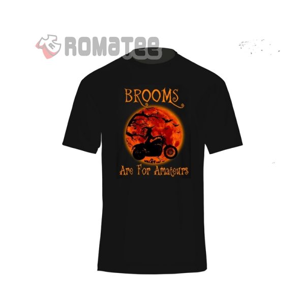 Brooms Are For Amateurs Halloween Harley Davidson Motorcycles Witch Under Horror Blood Moon T-Shirt, Costume Harley Davidson Halloween Shirt